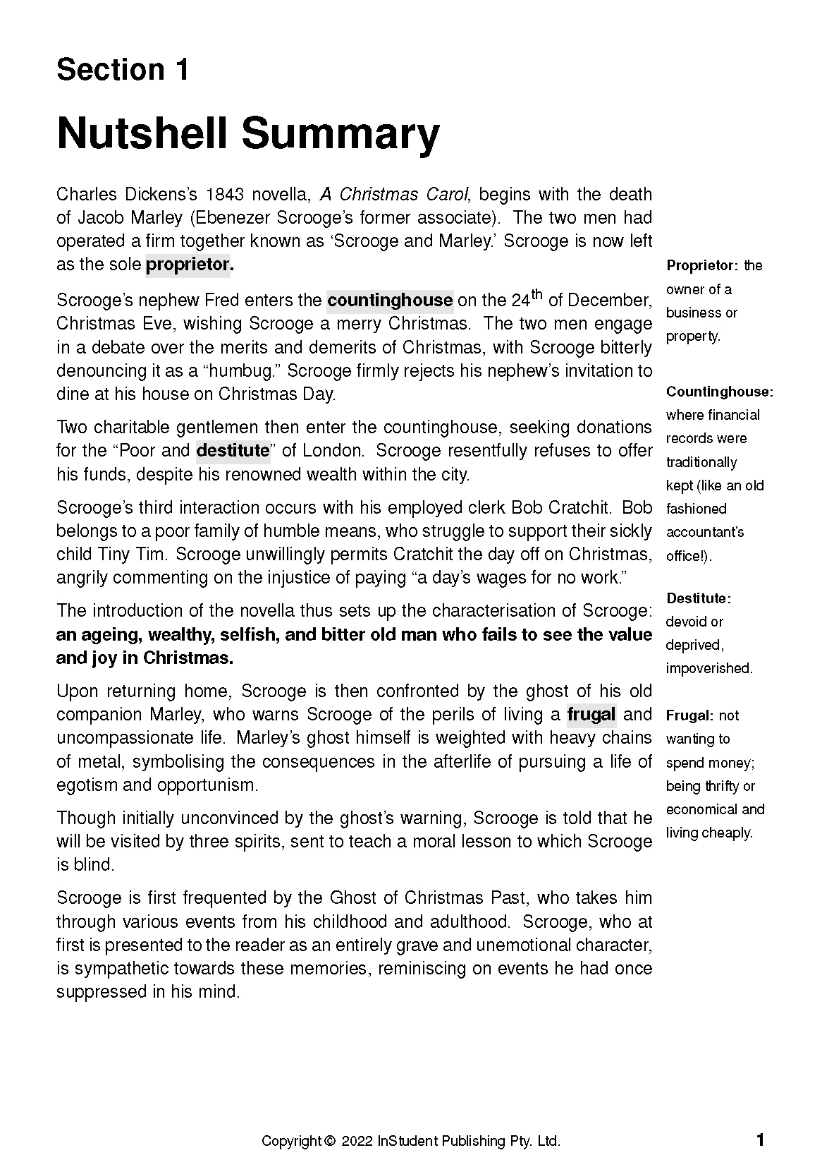 Text Guide for A Christmas Carol by InStudent Publishing Pty. Ltd., showing a Nutshell Summary with definitions.