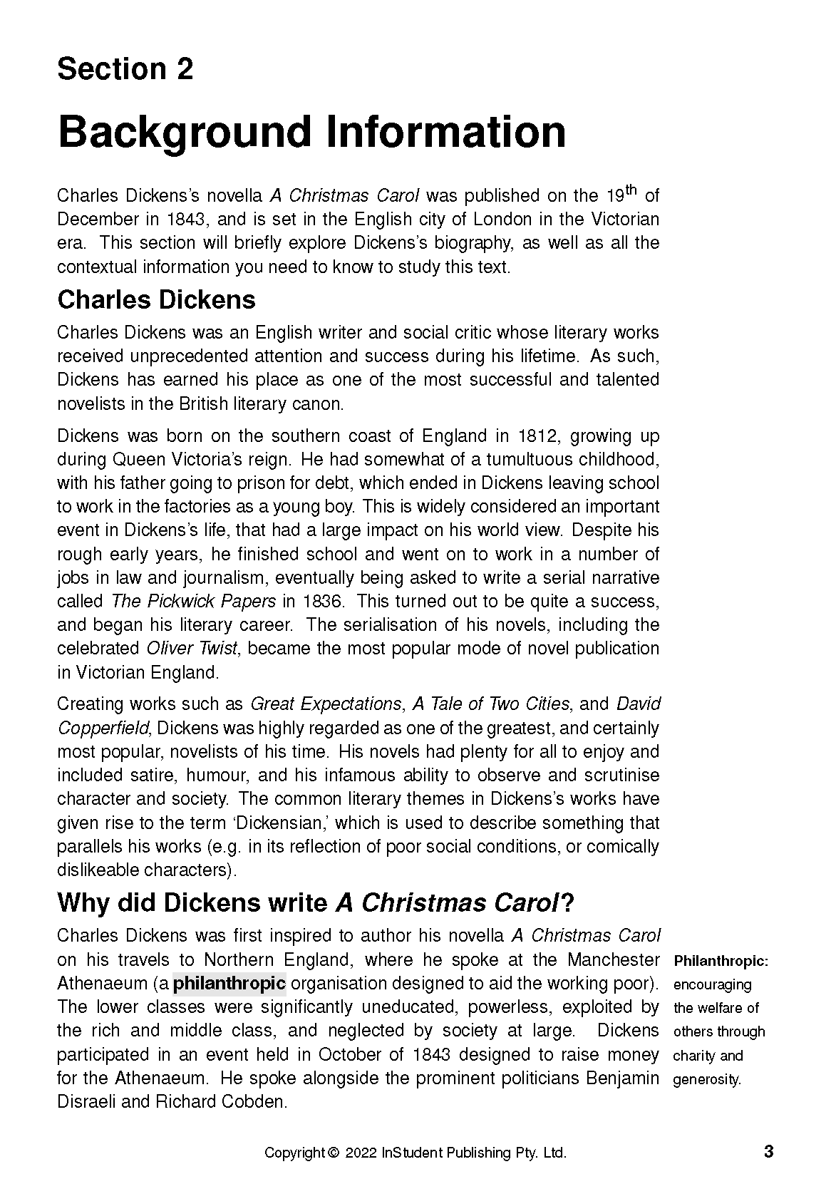 Text guide by InStudent Publishing displaying 'Section 2 Background Information' about Charles Dickens and 'A Christmas Carol' on page 3.