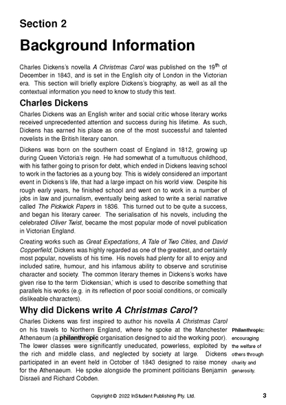Text guide by InStudent Publishing displaying 'Section 2 Background Information' about Charles Dickens and 'A Christmas Carol' on page 3.