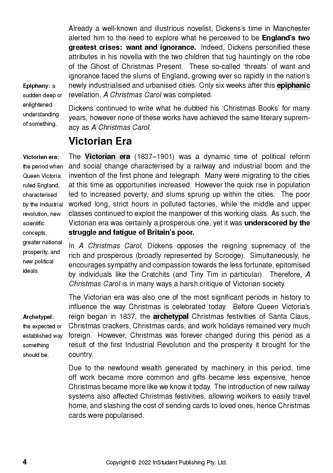 Text guide page with definitions and explanations about Charles Dickens' A Christmas Carol, featuring bolded key terms.