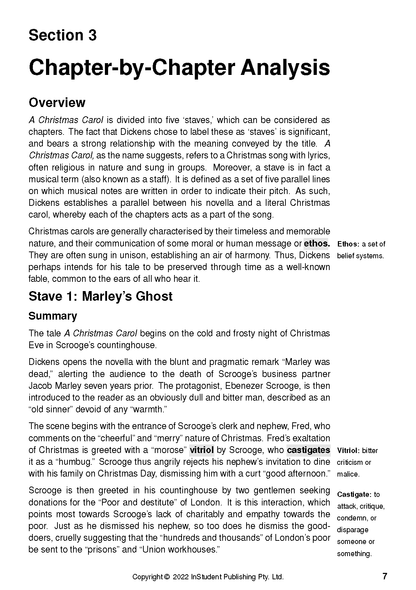 Text guide for A Christmas Carol by Charles Dickens, showing chapter analysis, overview, and vocabulary definitions.