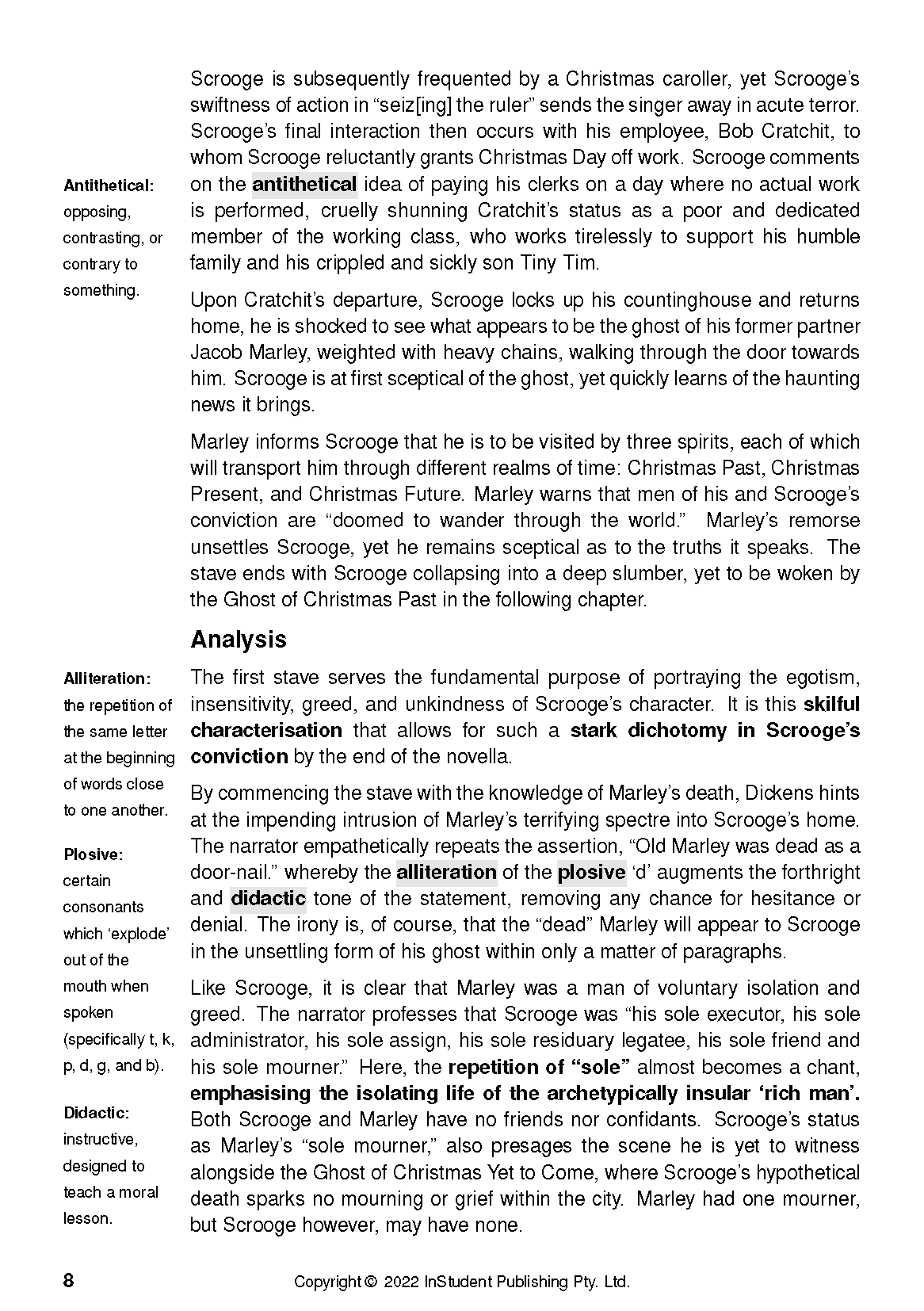 Text Guide for A Christmas Carol by Charles Dickens, displaying a printed page with literary terms and analysis.