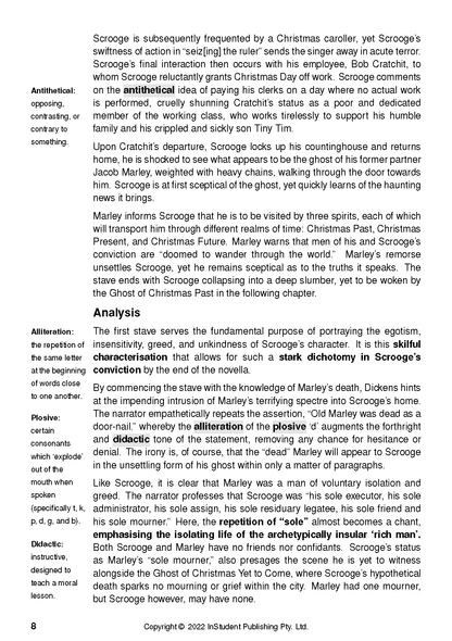 Text Guide for A Christmas Carol by Charles Dickens, displaying a printed page with literary terms and analysis.