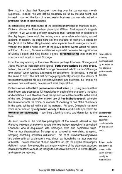 Page from a Text Guide for A Christmas Carol by Charles Dickens, featuring literary analysis and definitions.