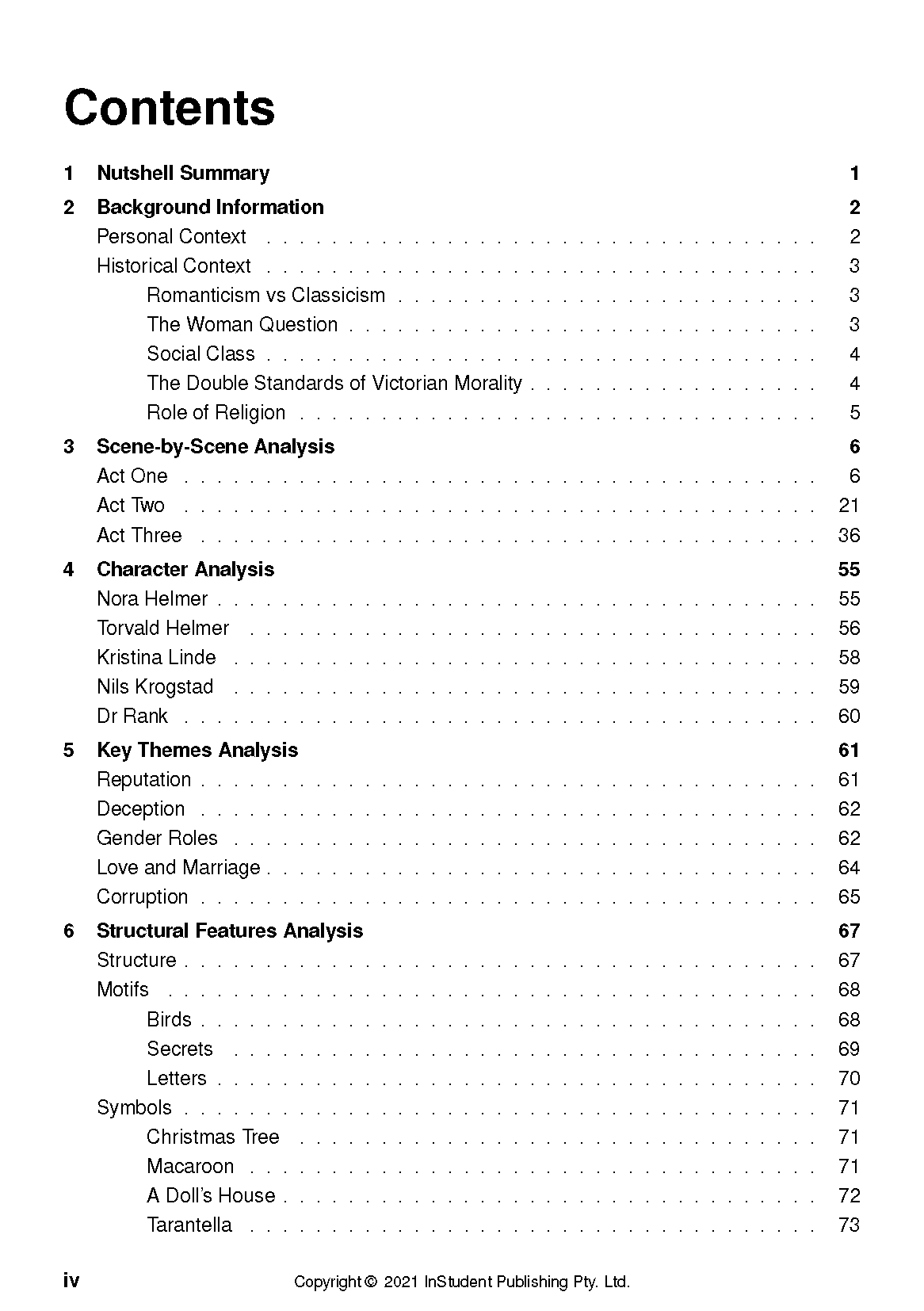 Text guide for A Doll's House by InStudent Publishing, showing a detailed table of contents page with headings and page numbers.