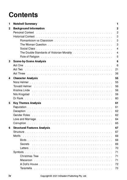 Text guide for A Doll's House by InStudent Publishing, showing a detailed table of contents page with headings and page numbers.