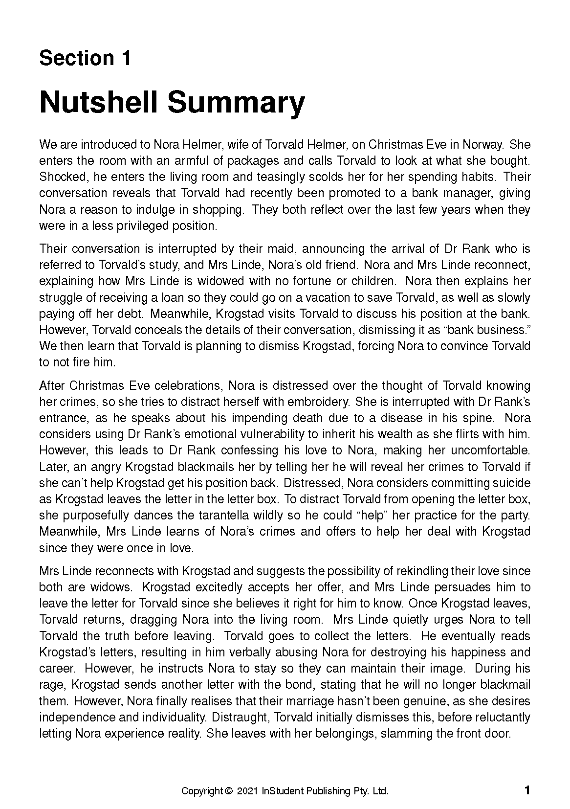 Text guide featuring 'Section 1 Nutshell Summary' of A Doll's House, with black text on a white page.