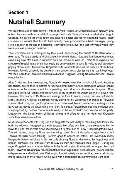 Text guide featuring 'Section 1 Nutshell Summary' of A Doll's House, with black text on a white page.