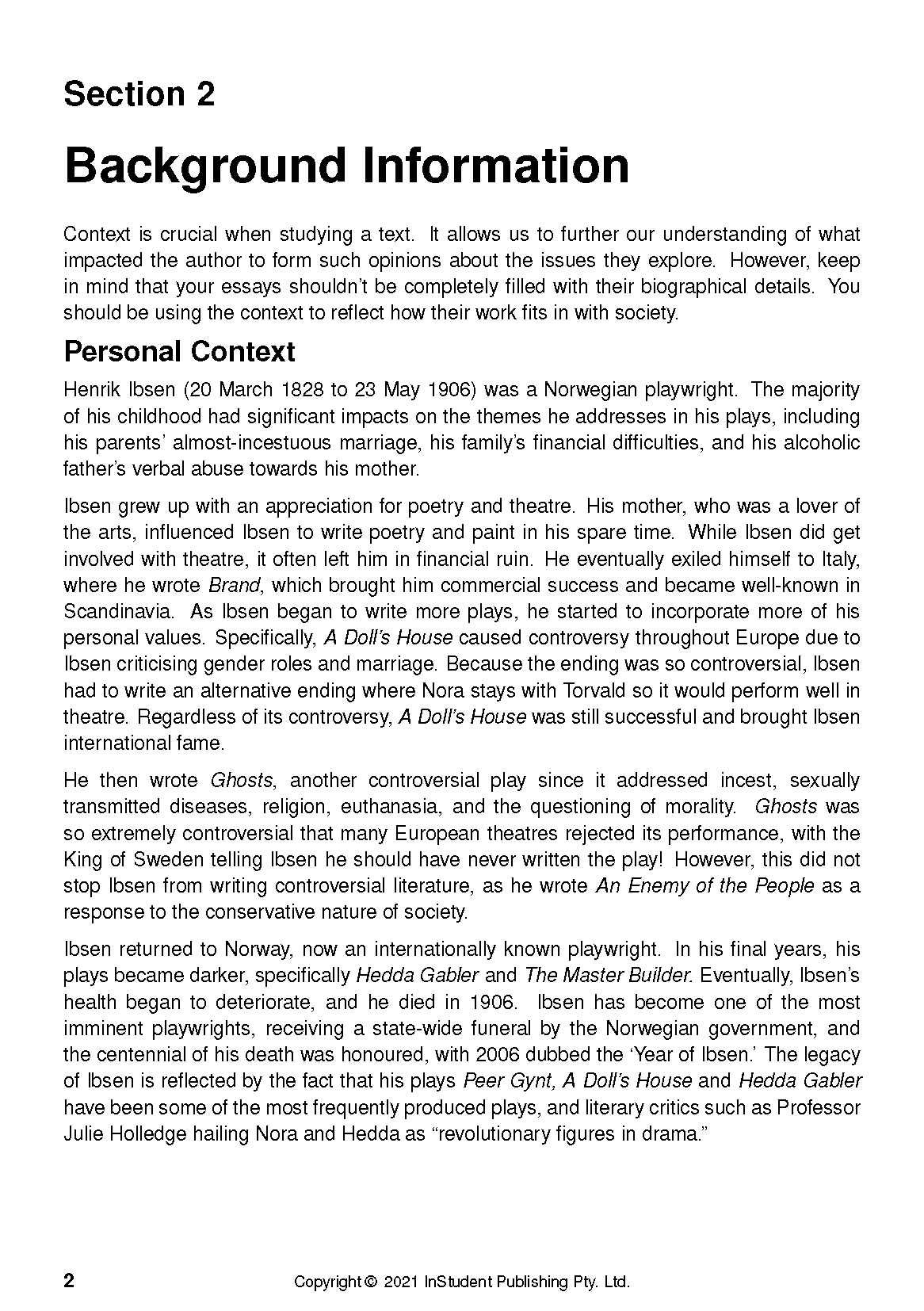 Text guide page with black text on white, showing headings and content about Henrik Ibsen's 'A Doll's House'.
