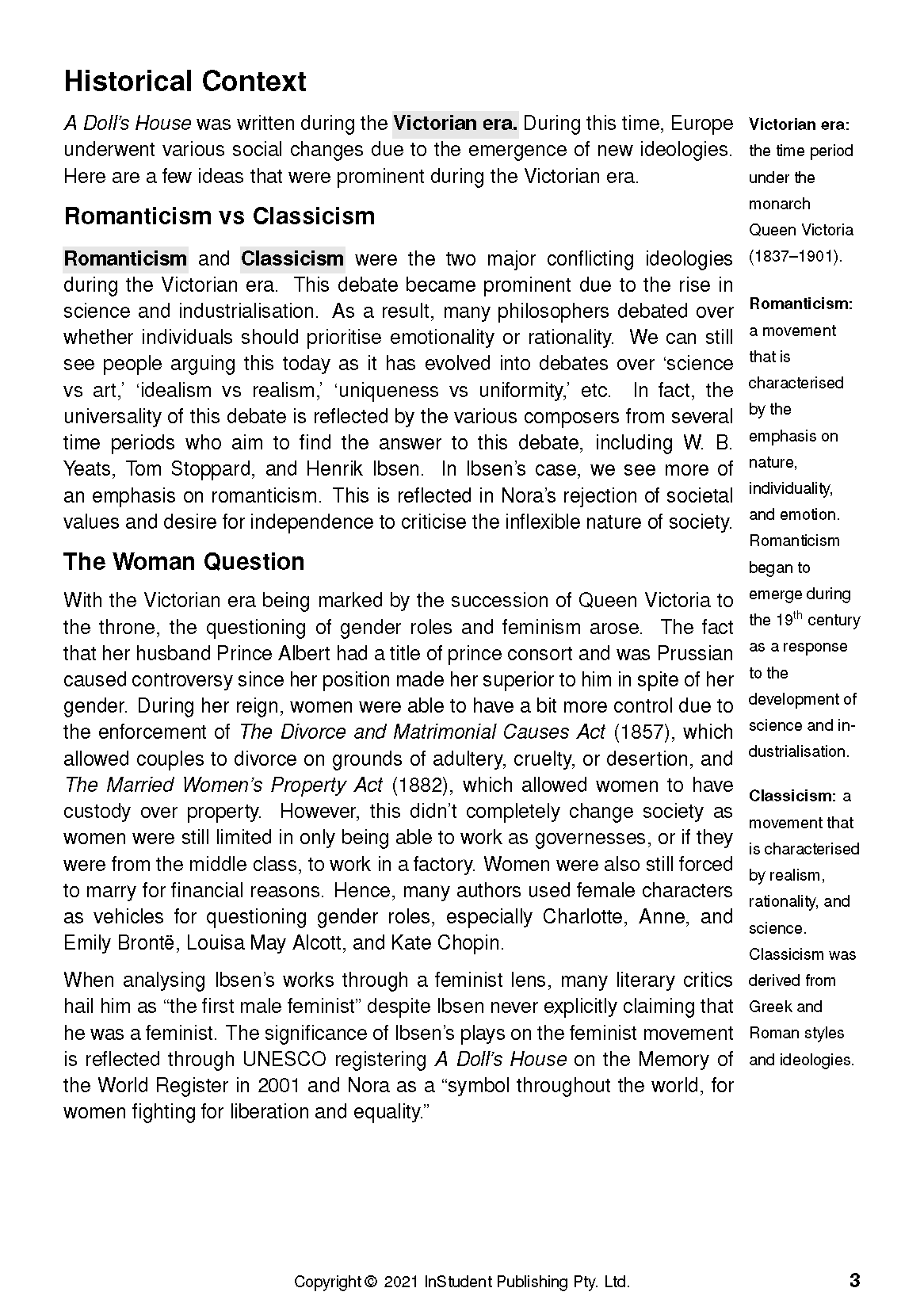Text Guide detailing analysis of 'A Doll's House,' with sections on historical context, romanticism, and the woman question.
