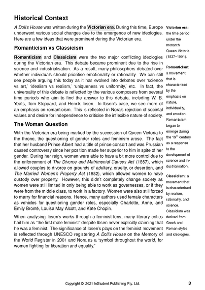 Text Guide detailing analysis of 'A Doll's House,' with sections on historical context, romanticism, and the woman question.