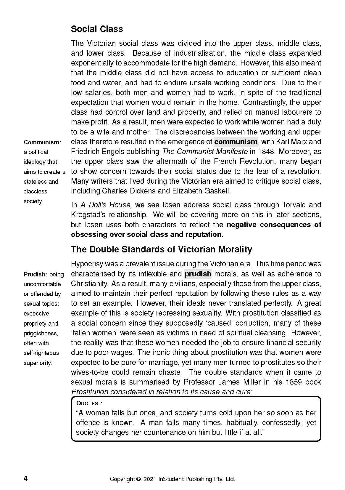 Text guide page discussing Social Class and Victorian Morality with definitions and quotes.