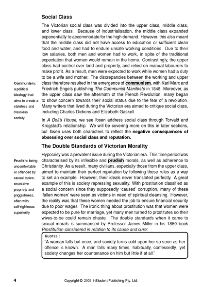 Text guide page discussing Social Class and Victorian Morality with definitions and quotes.
