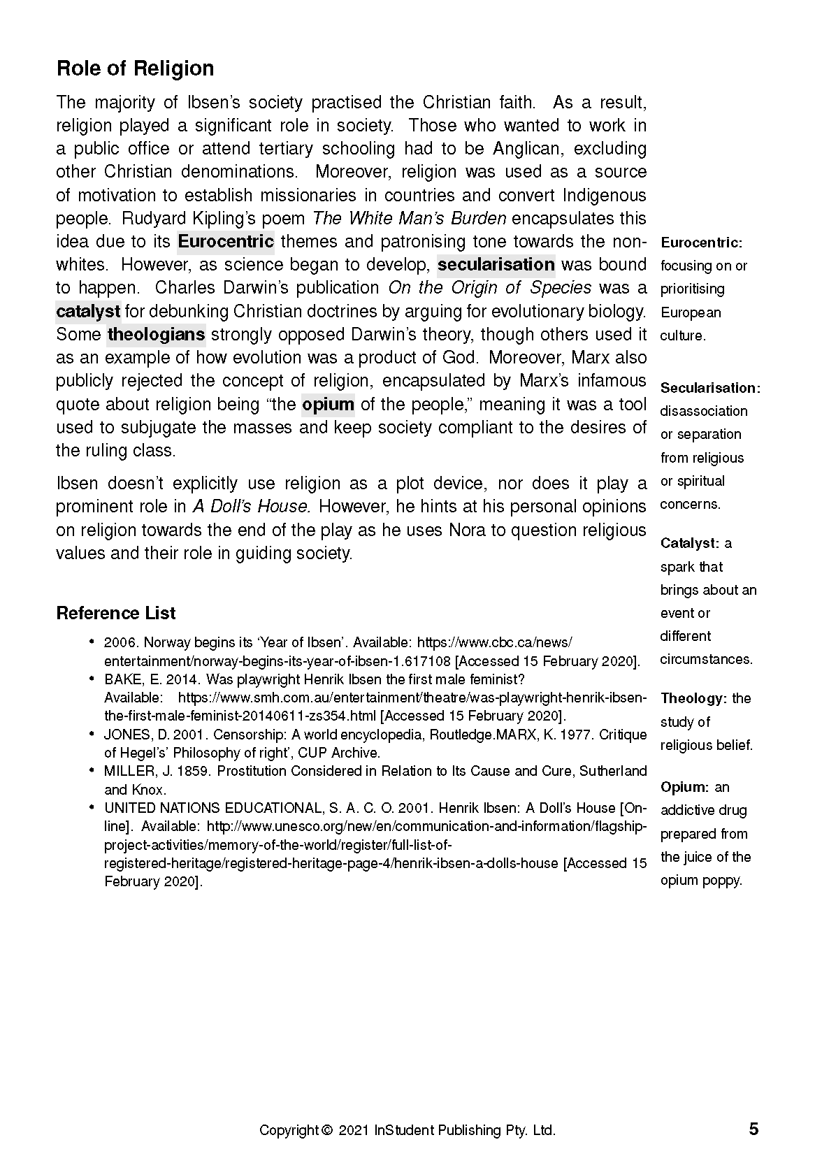 Text Guide for A Doll's House by Henrik Ibsen from InStudent Publishing Pty. Ltd., featuring a page discussing religion and definitions.