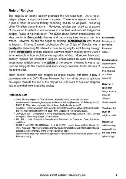 Text Guide for A Doll's House by Henrik Ibsen from InStudent Publishing Pty. Ltd., featuring a page discussing religion and definitions.