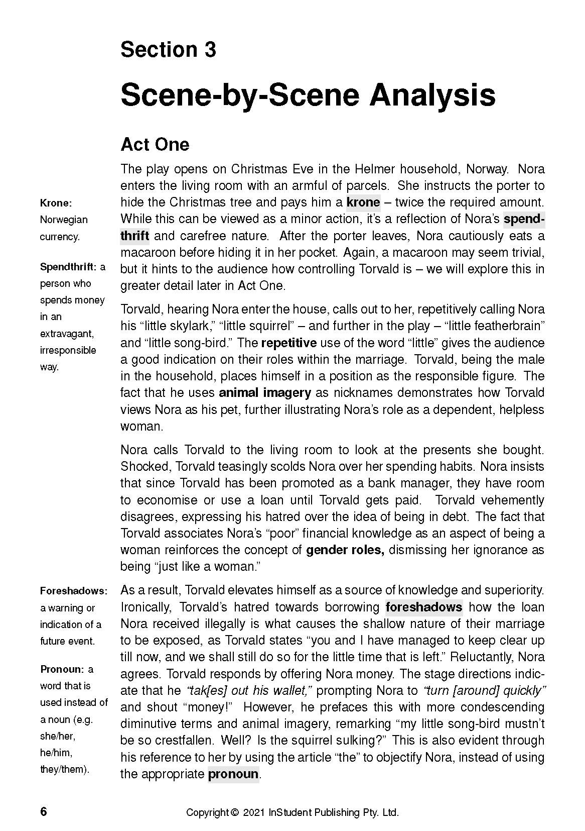 Text Guide page displaying "Section 3 Scene-by-Scene Analysis" heading, body text, and marginal definitions.