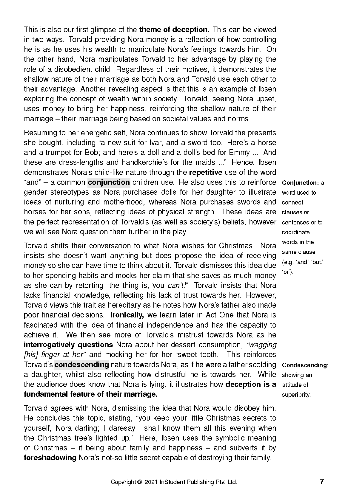 Text guide page with black text on a white background, discussing "A Doll's House" by Henrik Ibsen, with highlighted literary terms and page number 7.