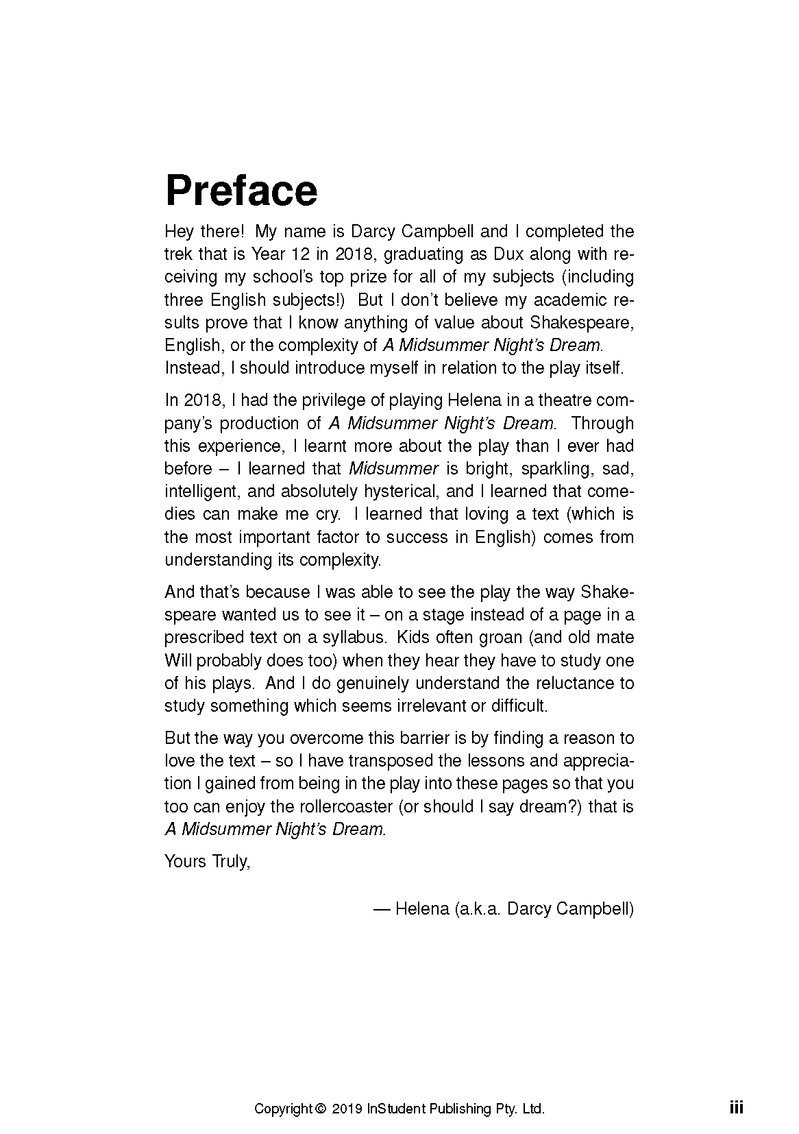 White text guide page by InStudent Publishing, showing black text for the 'Preface' section and a copyright footer.