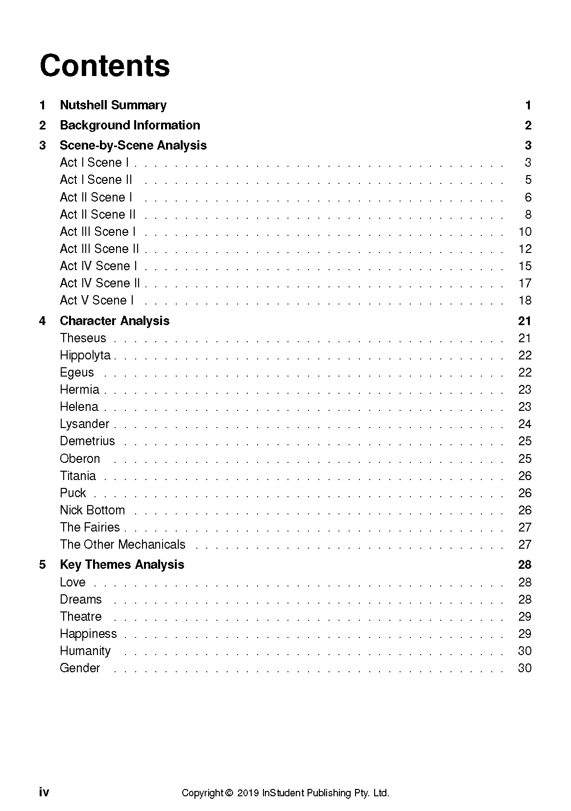 Text guide table of contents from InStudent Publishing Pty. Ltd. displaying numbered sections for literary analysis.