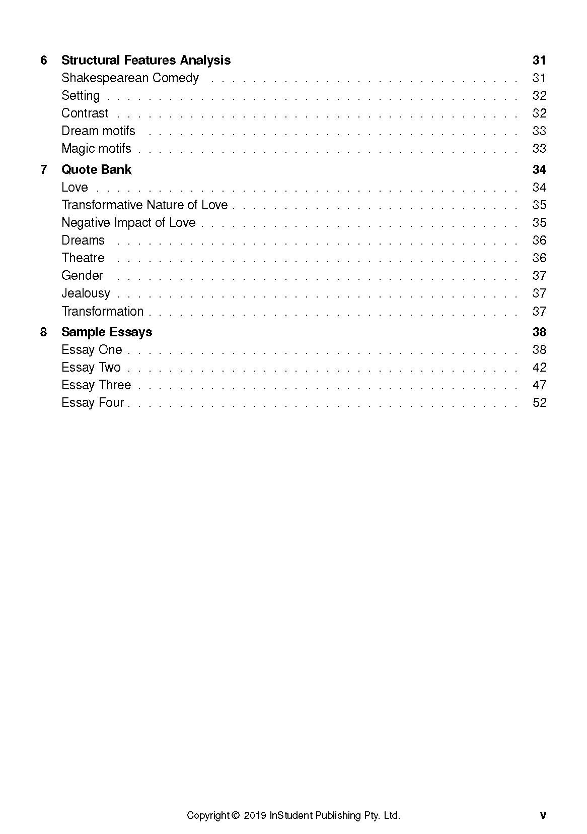 Text guide page by InStudent Publishing Pty. Ltd. displaying a table of contents with structural features analysis, quote bank, and sample essays.