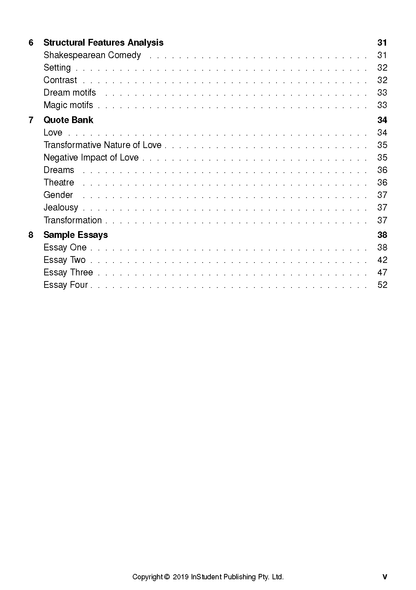 Text guide page by InStudent Publishing Pty. Ltd. displaying a table of contents with structural features analysis, quote bank, and sample essays.