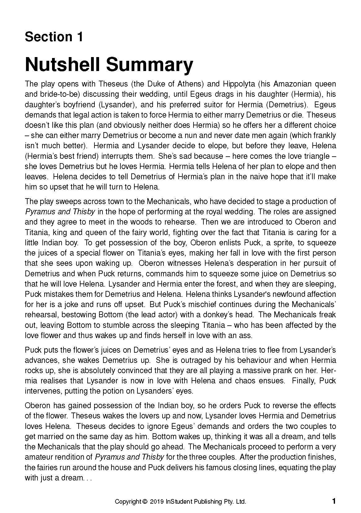 Text Guide displaying "Section 1 Nutshell Summary" with black text summarizing A Midsummer Night's Dream.
