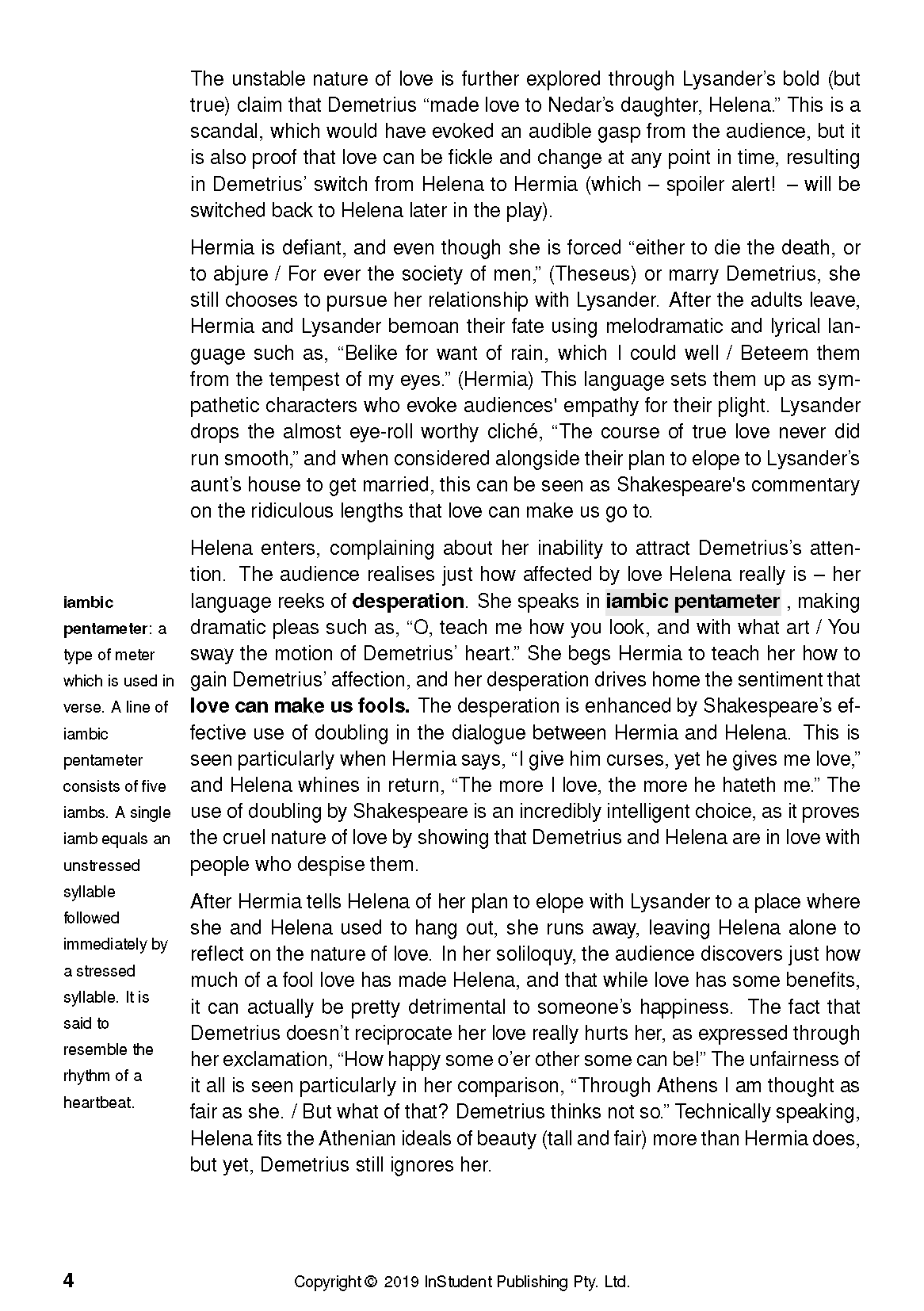 Text guide page with black text on white, discussing A Midsummer Night's Dream, iambic pentameter, and displaying a page number 4.