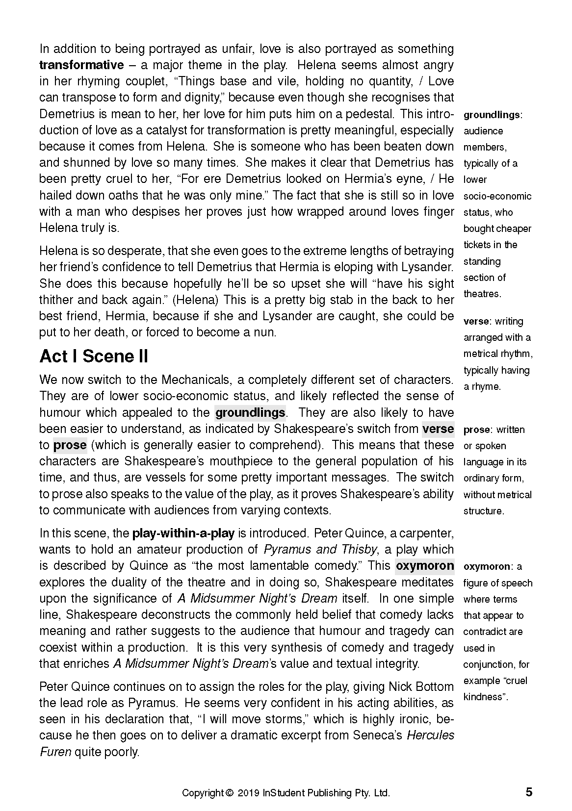 Text guide page with black text on white paper, detailing analysis and definitions for A Midsummer Night's Dream.