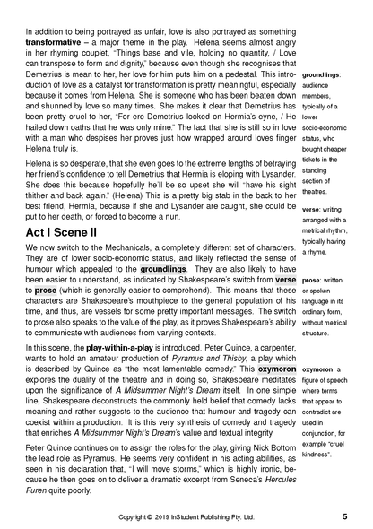 Text guide page with black text on white paper, detailing analysis and definitions for A Midsummer Night's Dream.