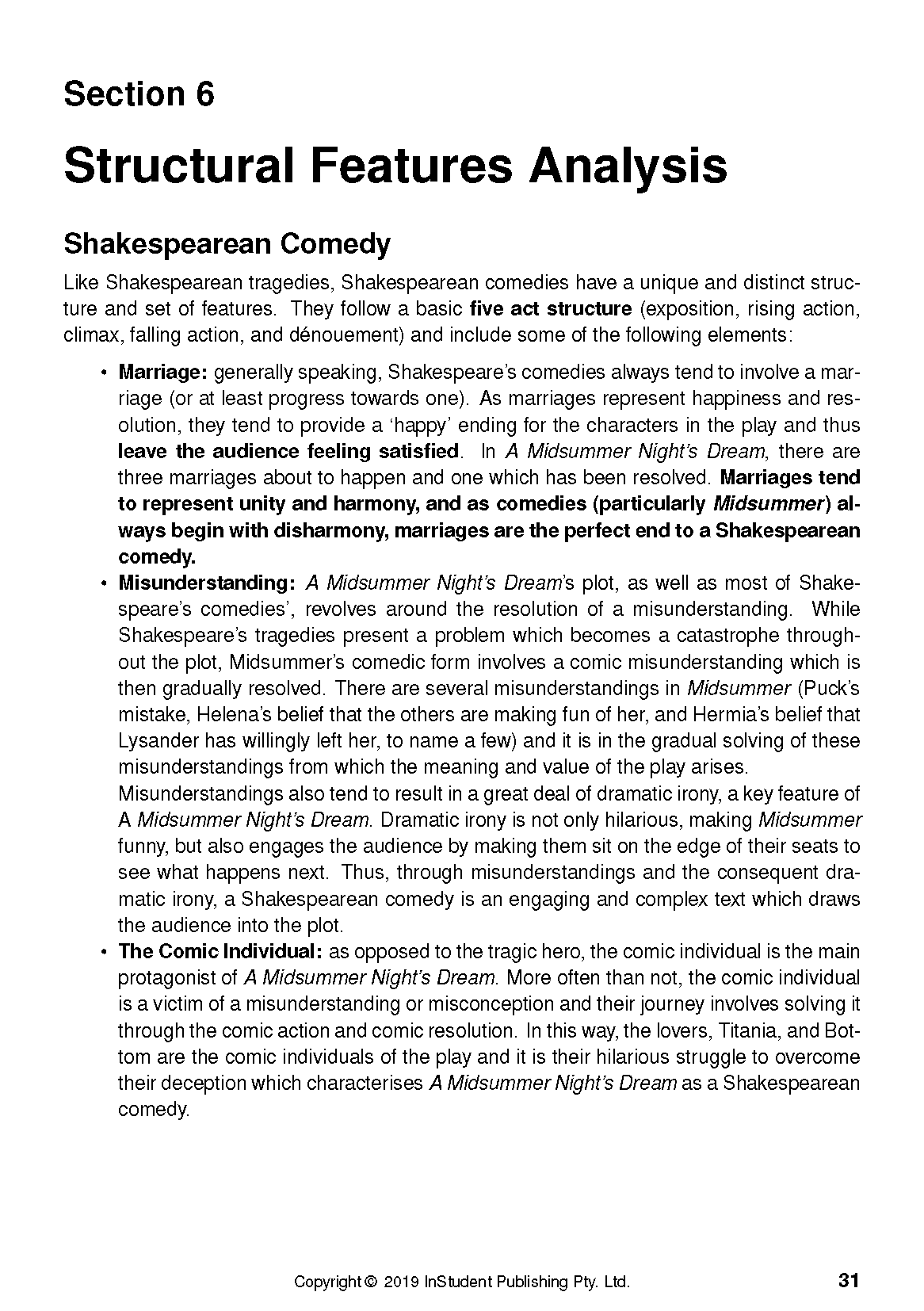 White page text guide by InStudent Publishing Pty. Ltd. showing structural analysis of A Midsummer Night's Dream comedy.
