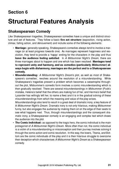 White page text guide by InStudent Publishing Pty. Ltd. showing structural analysis of A Midsummer Night's Dream comedy.