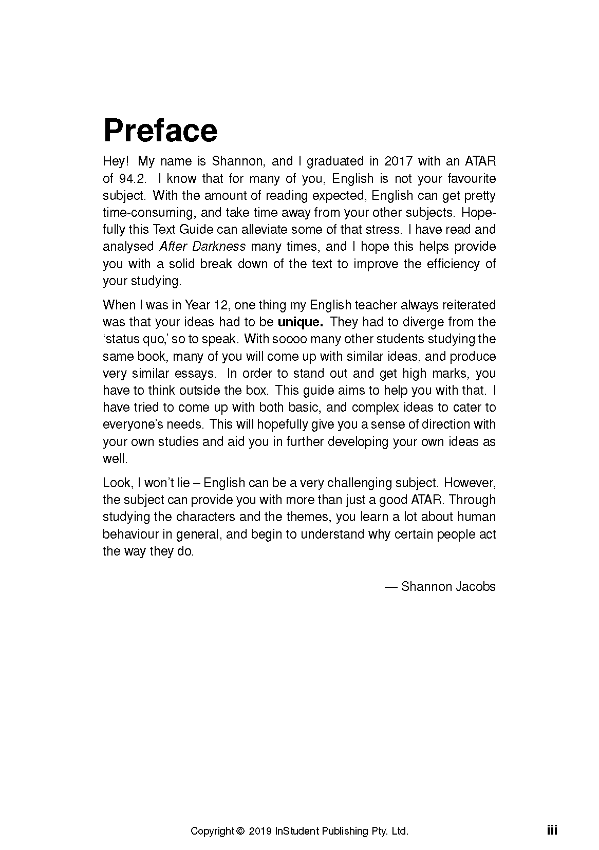 Text Guide page with 'Preface' title, black text, and copyright details at the bottom.