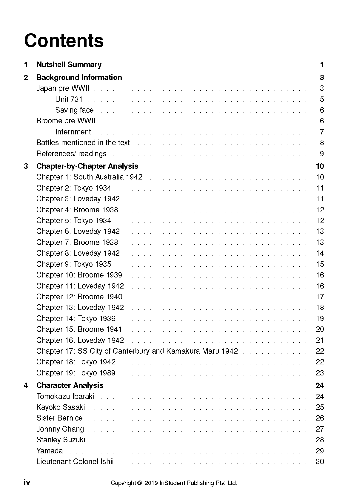 Text Guide page showing a detailed table of contents with chapters and page numbers in black text on a white background.