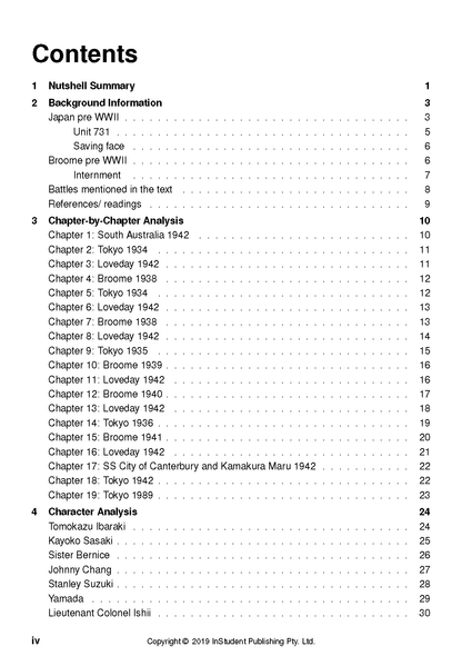 Text Guide page showing a detailed table of contents with chapters and page numbers in black text on a white background.