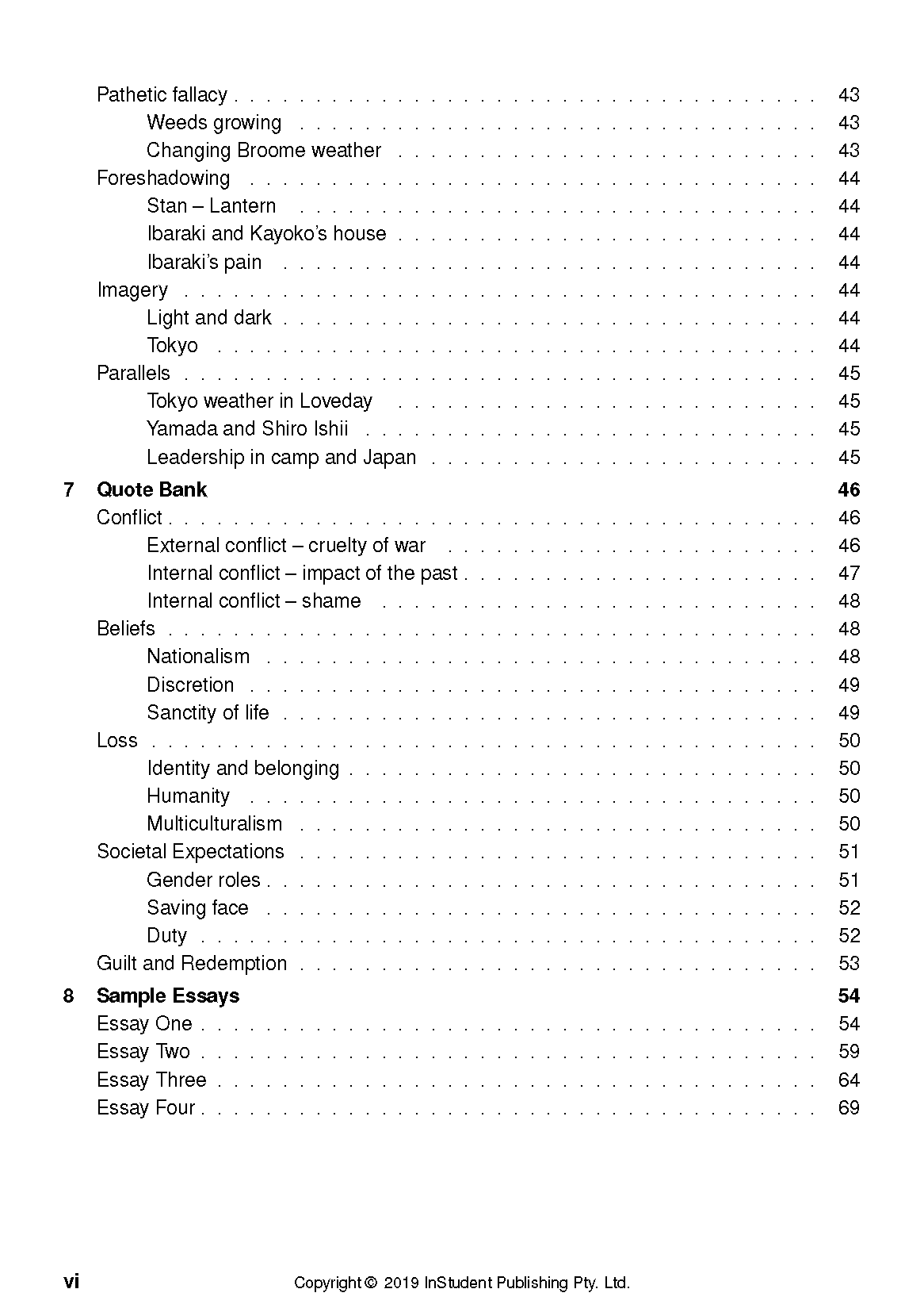 Text Guide's table of contents showing literary analysis topics like Pathetic Fallacy, Foreshadowing, Conflict, and Sample Essays with page numbers.