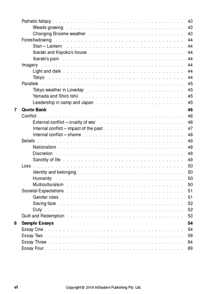 Text Guide's table of contents showing literary analysis topics like Pathetic Fallacy, Foreshadowing, Conflict, and Sample Essays with page numbers.