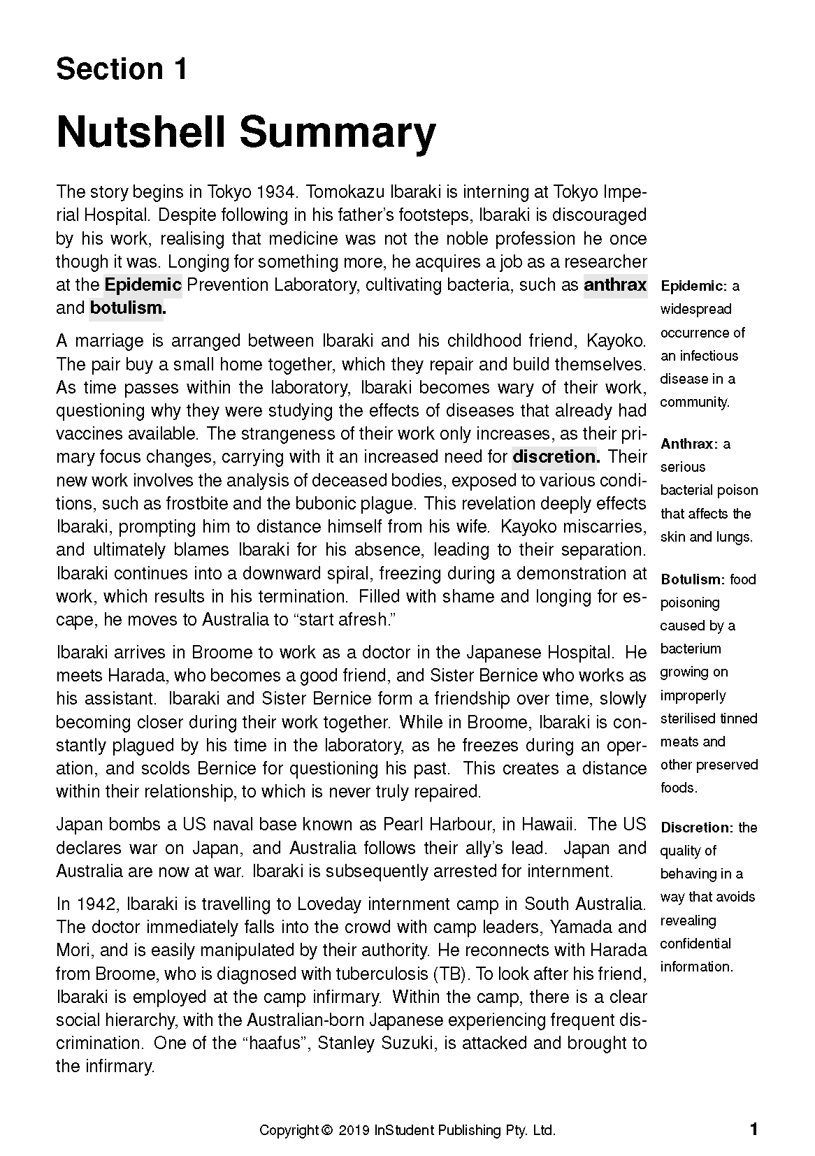 Text Guide for After Darkness by Christine Piper, showing a Nutshell Summary page for Section 1 with plot details and sidebar definitions.