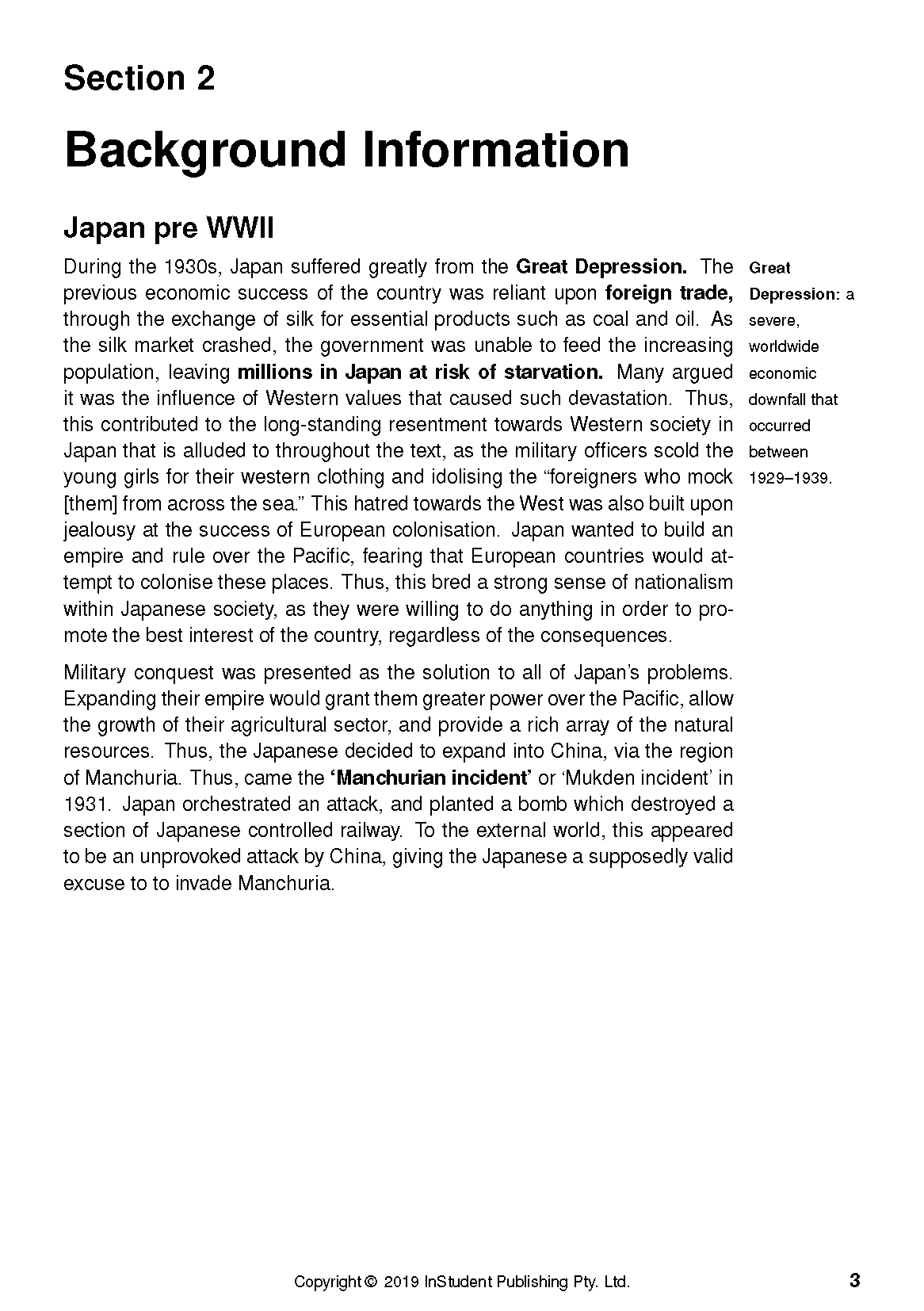 Text guide page featuring 'Section 2 Background Information Japan pre WWII' in black text on white.