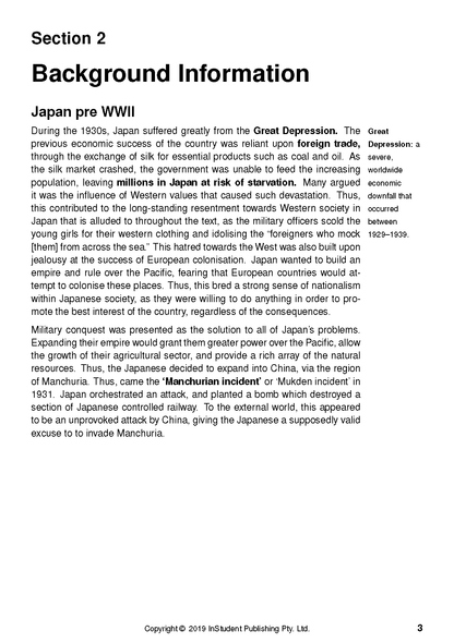 Text guide page featuring 'Section 2 Background Information Japan pre WWII' in black text on white.