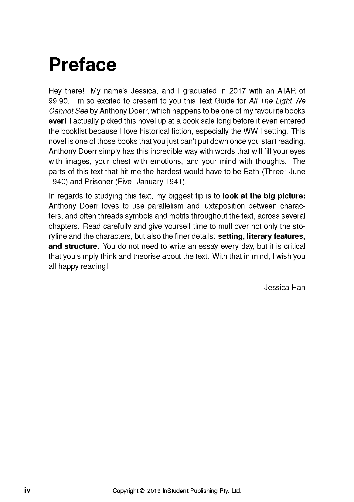 White Text Guide page by InStudent Publishing Pty. Ltd. showing a Preface with introductory text and Jessica Han's signature.