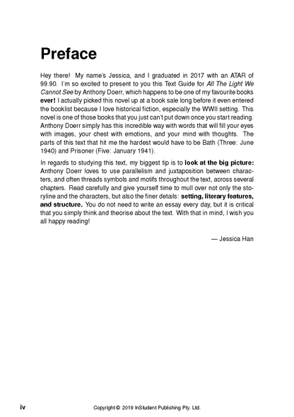 White Text Guide page by InStudent Publishing Pty. Ltd. showing a Preface with introductory text and Jessica Han's signature.
