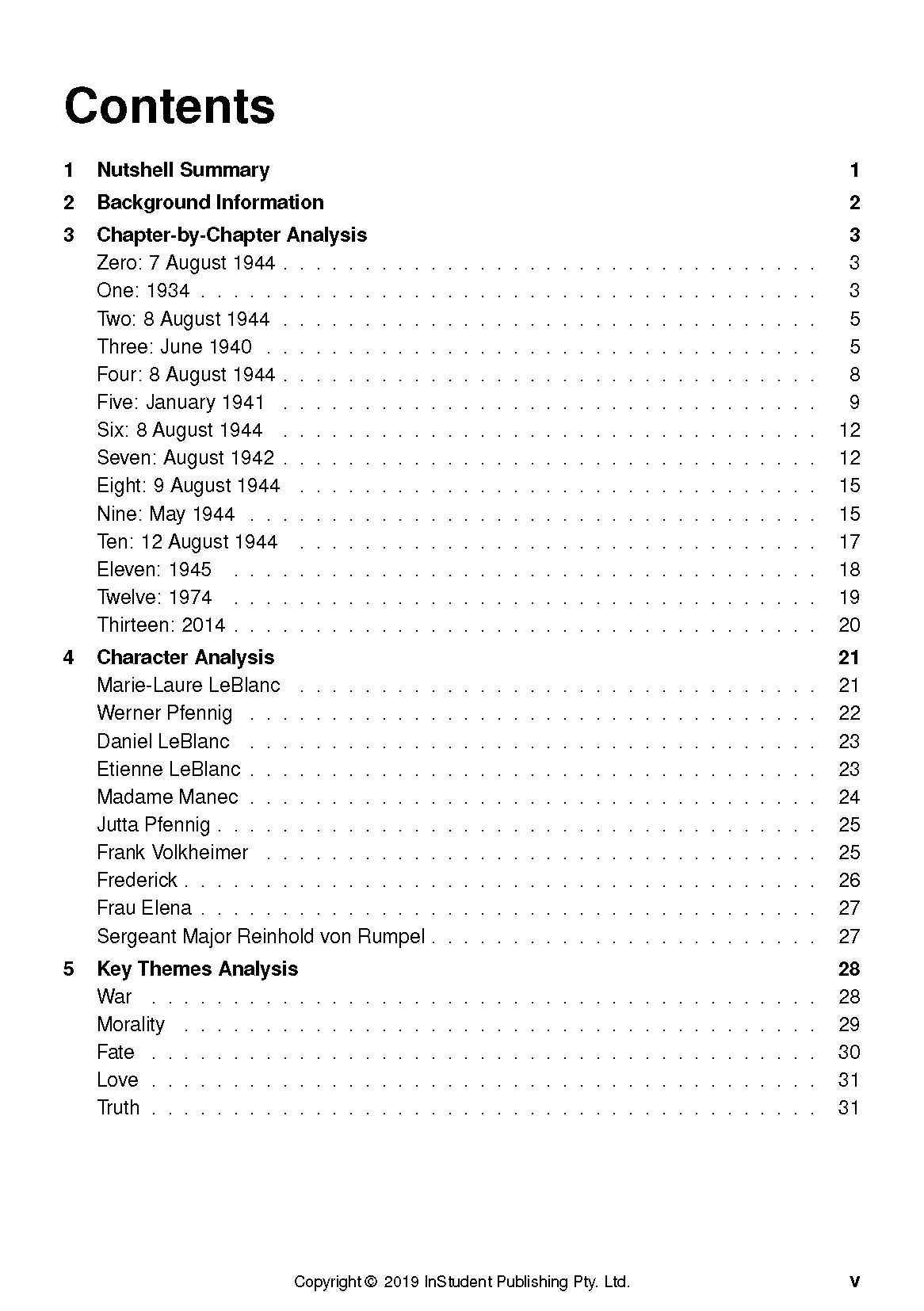 Text guide for All the Light We Cannot See by InStudent Publishing Pty. Ltd., displaying its table of contents with bold sections and page numbers.