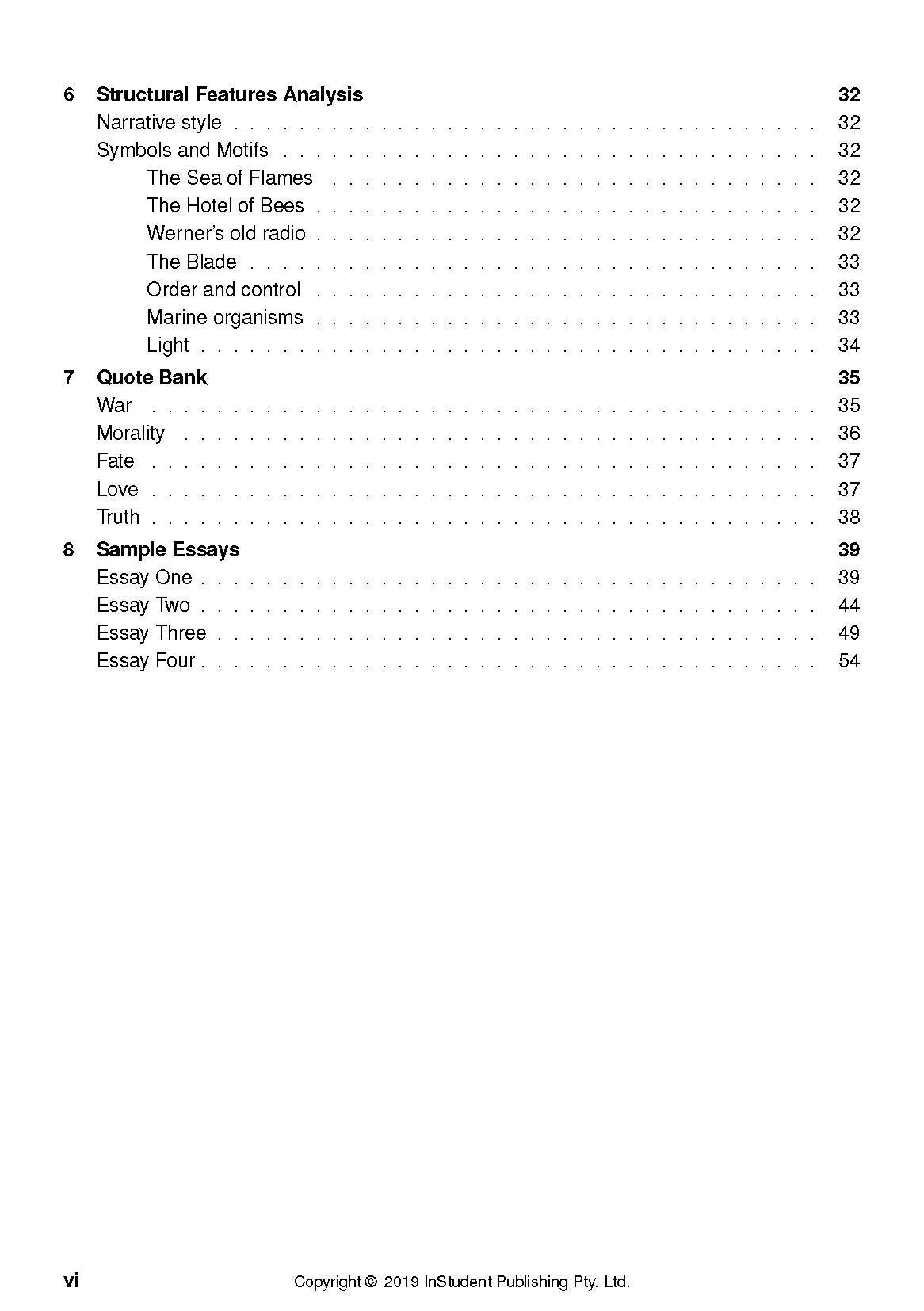 Cropped Text Guide page displaying a table of contents with sections like Structural Features Analysis and Quote Bank.