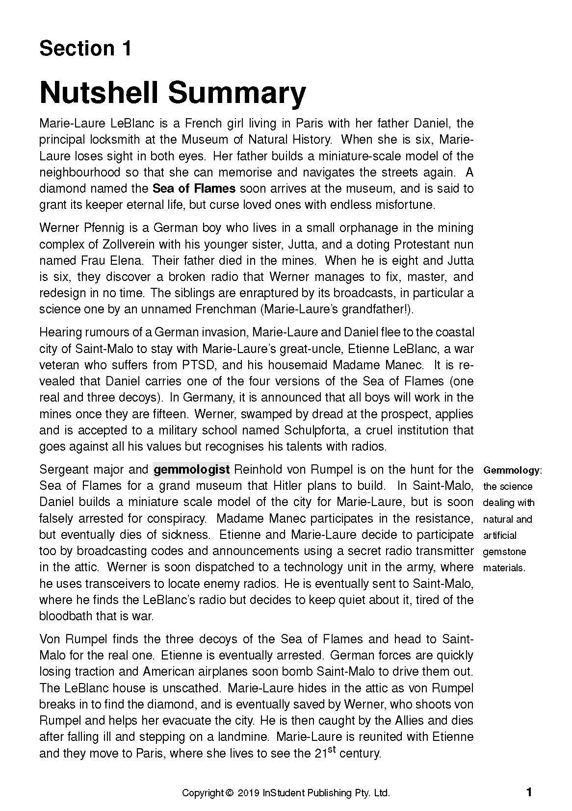 Text guide page with 'Section 1 Nutshell Summary' heading, black text, a bolded 'gemmologist', and 'Gemmology' definition.