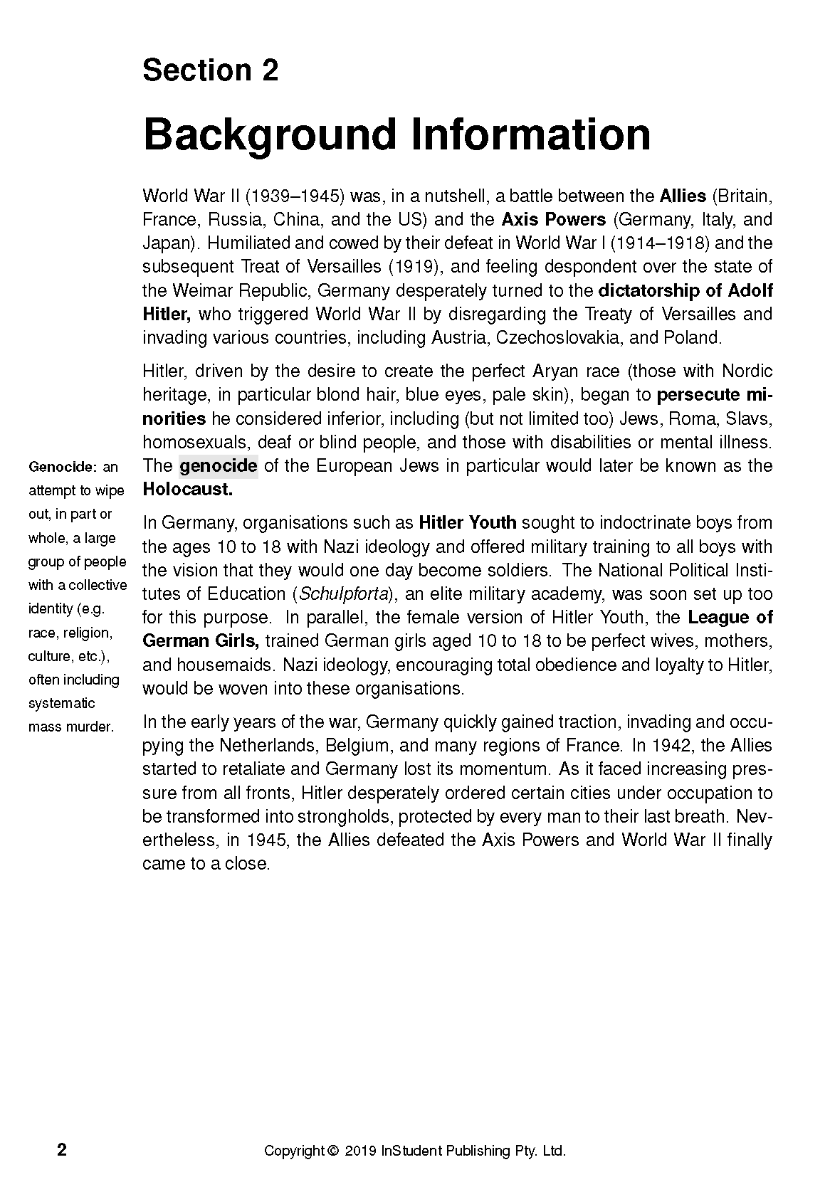 Text guide page titled 'Section 2 Background Information' with a definition of 'Genocide'.