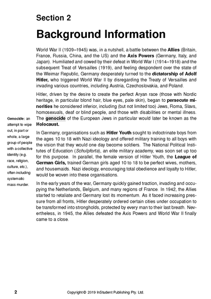 Text guide page titled 'Section 2 Background Information' with a definition of 'Genocide'.