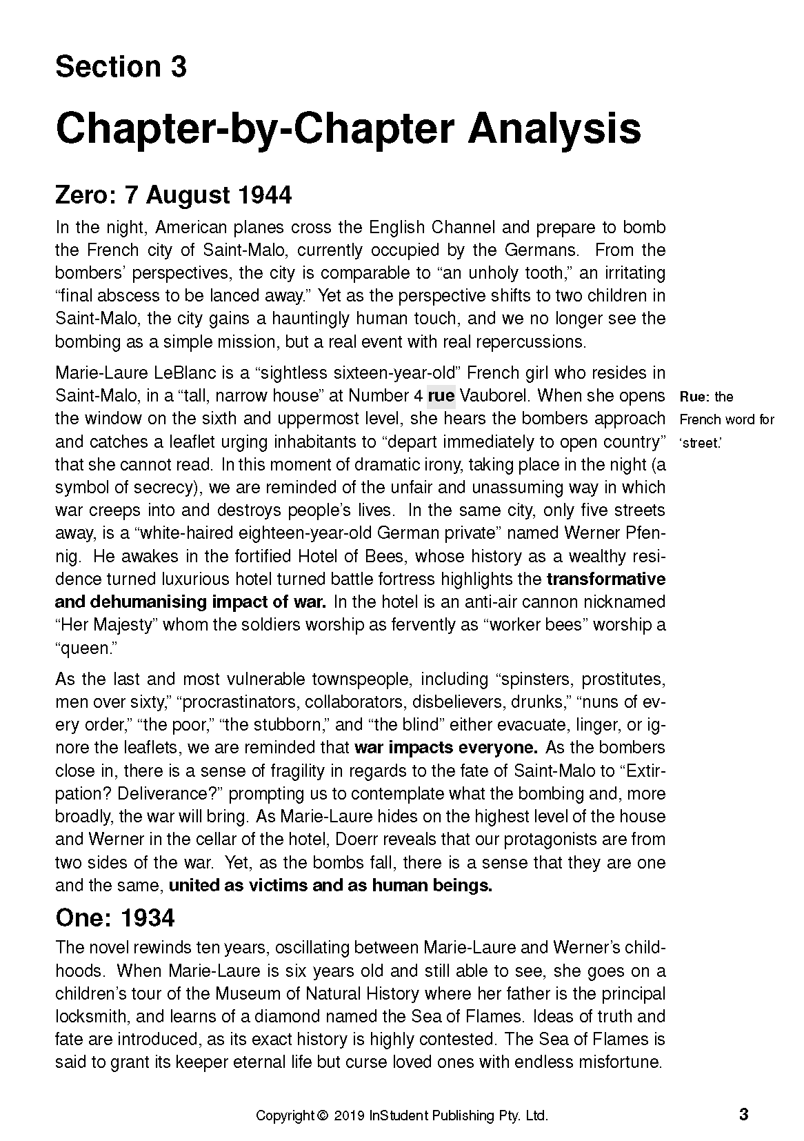 Text Guide page displaying analysis content with "Section 3" and "Chapter-by-Chapter Analysis" headings.