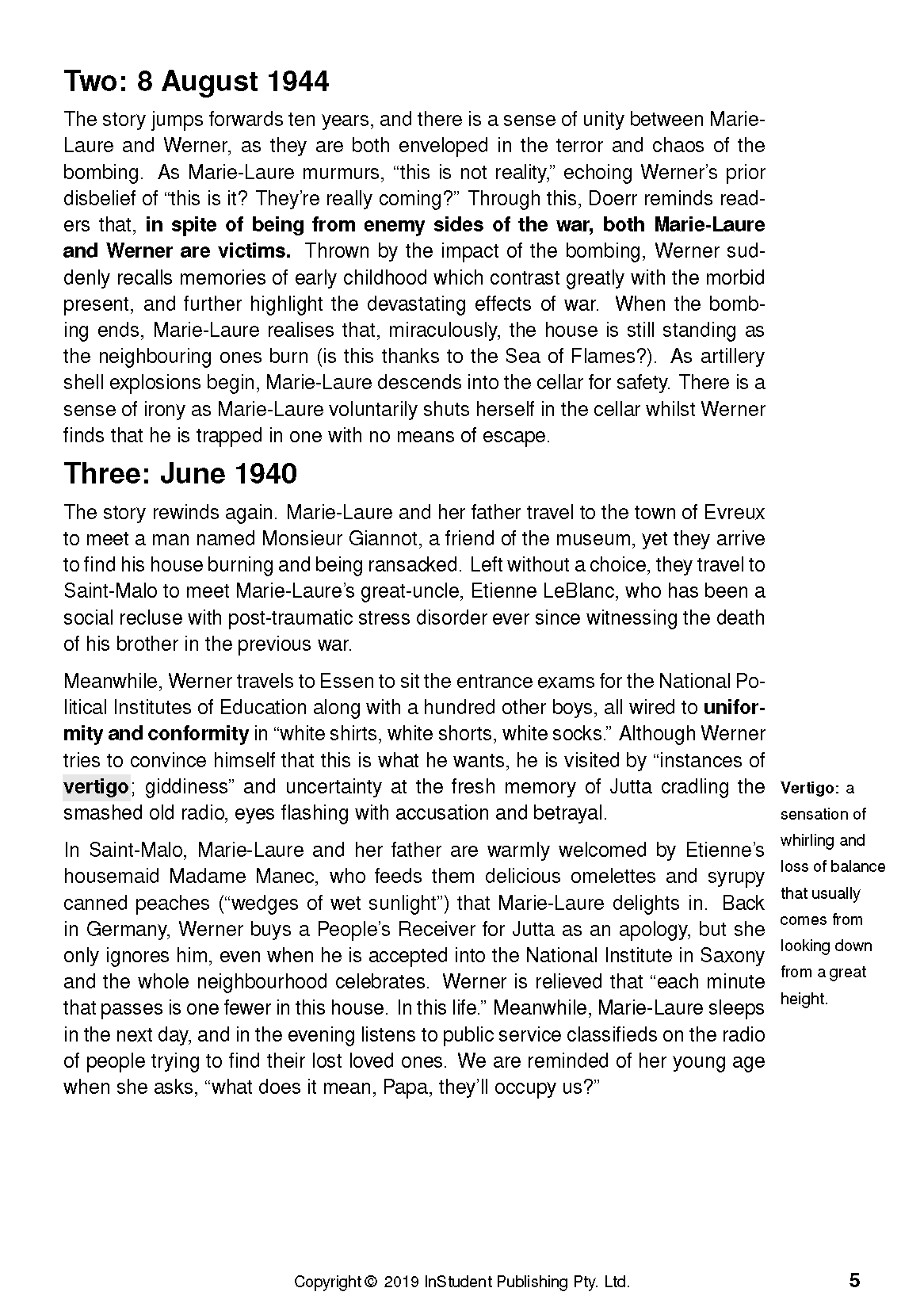 Text Guide for All the Light We Cannot See, showing a page with text, bold headings, and a 'Vertigo' sidebar definition.