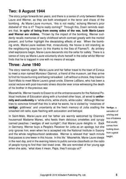 Text Guide for All the Light We Cannot See, showing a page with text, bold headings, and a 'Vertigo' sidebar definition.