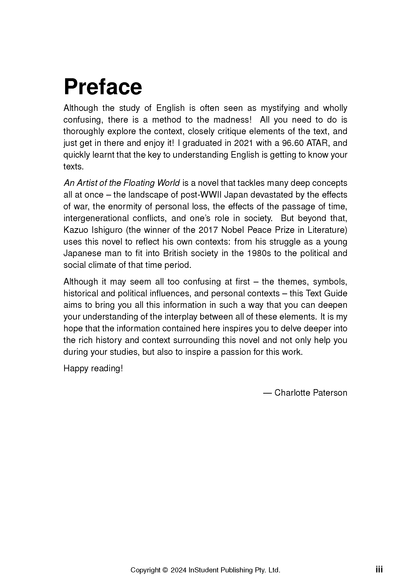White Text Guide with black text by InStudent Publishing Pty. Ltd., displaying the 'Preface' title and body paragraphs.
